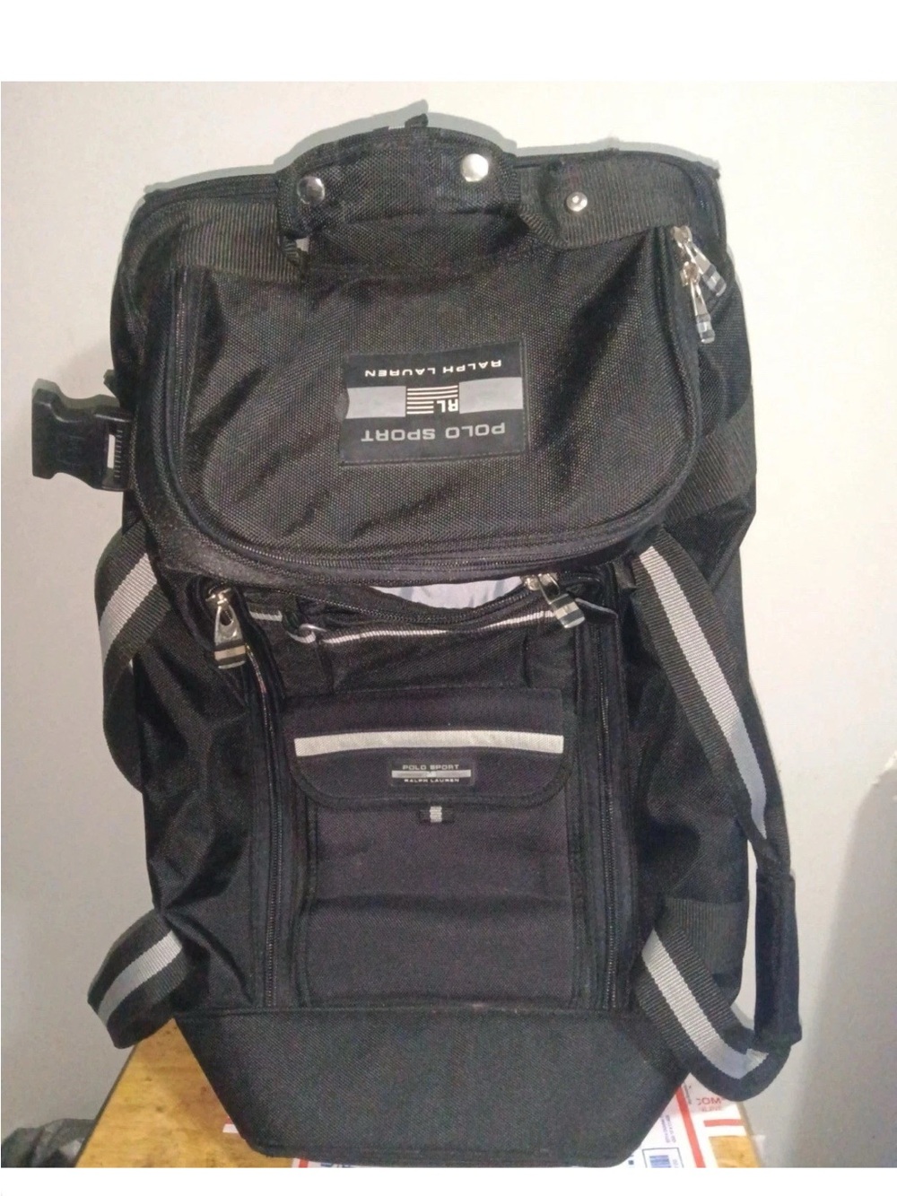 Polo by Ralph Lauren Black rolling luggage with Gray Stripes carry on College